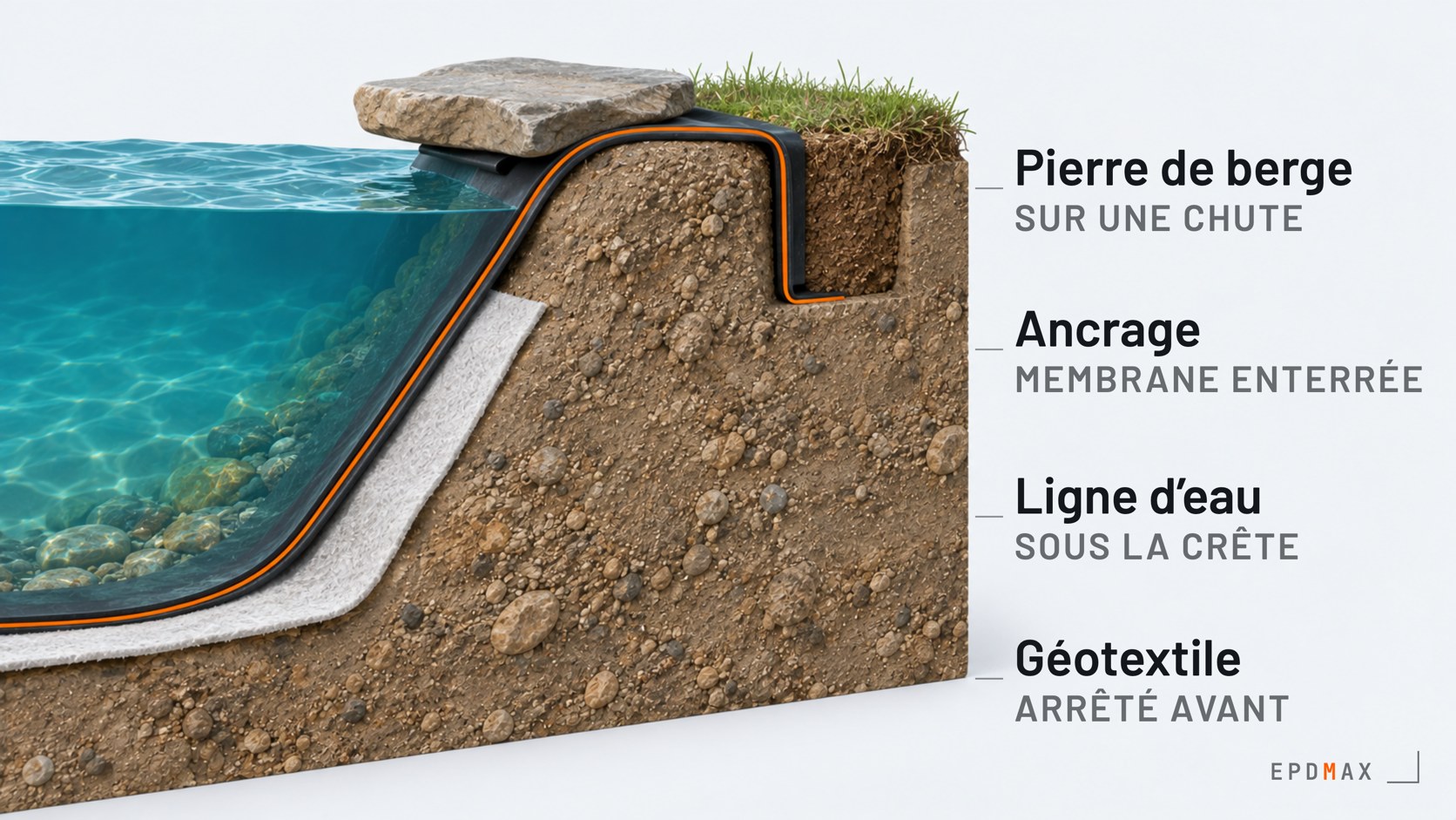Coupe d’une berge de bassin : géotextile arrêté avant la crête, membrane enterrée dans la tranchée d’ancrage