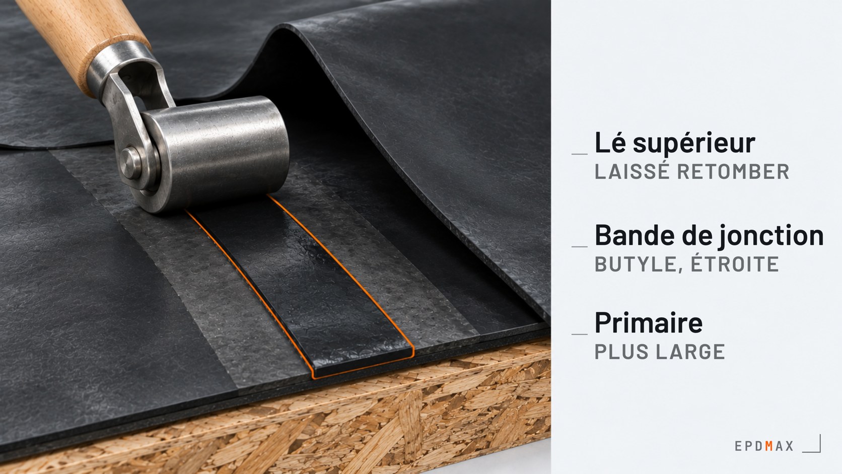 Coupe d’un joint entre deux lés d’EPDM : primaire plus large que la bande de jonction, marouflage au rouleau