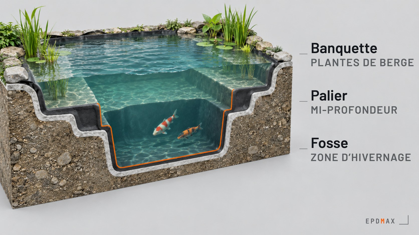 Coupe d’un bassin bâché en trois paliers : banquette plantée, palier intermédiaire et fosse profonde où nagent deux carpes koï