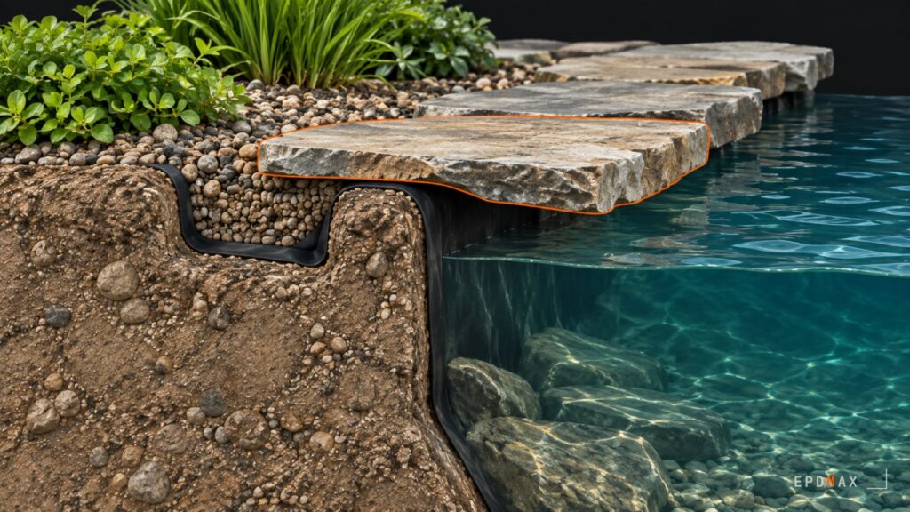 Cacher et finir les berges d’un bassin en EPDM