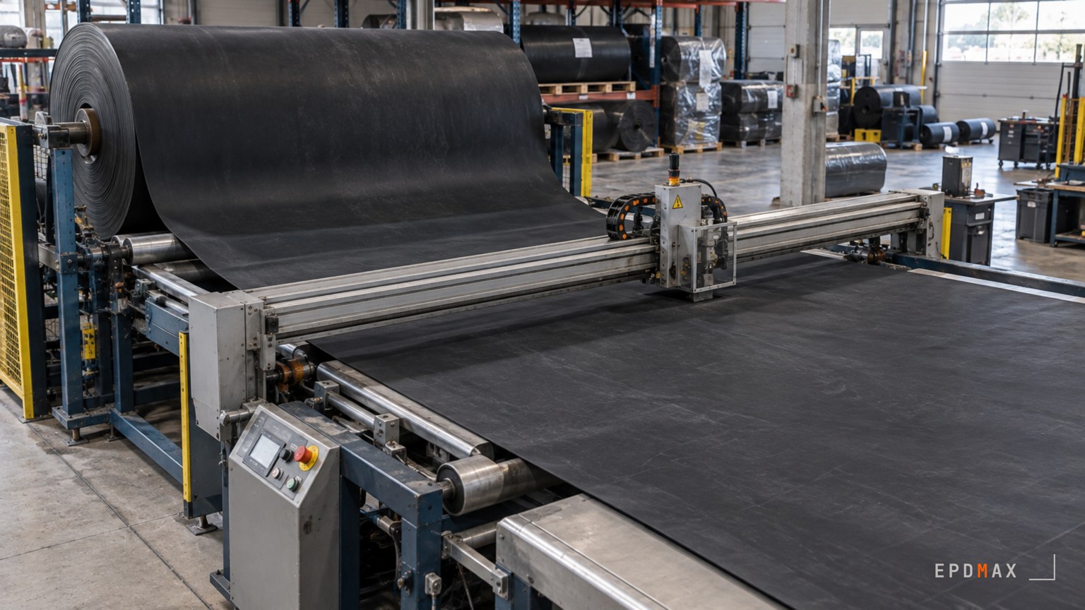 Table de découpe industrielle déroulant une membrane EPDM depuis un rouleau large