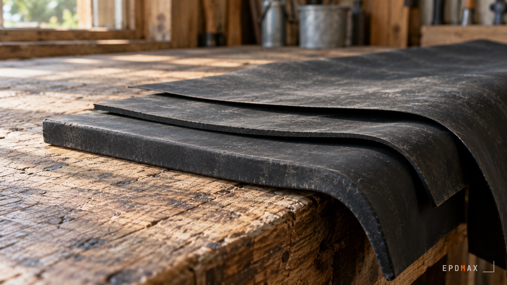 Trois chutes de membrane EPDM empilées en décalé sur un établi, les trois tranches visibles l’une au-dessus de l’autre