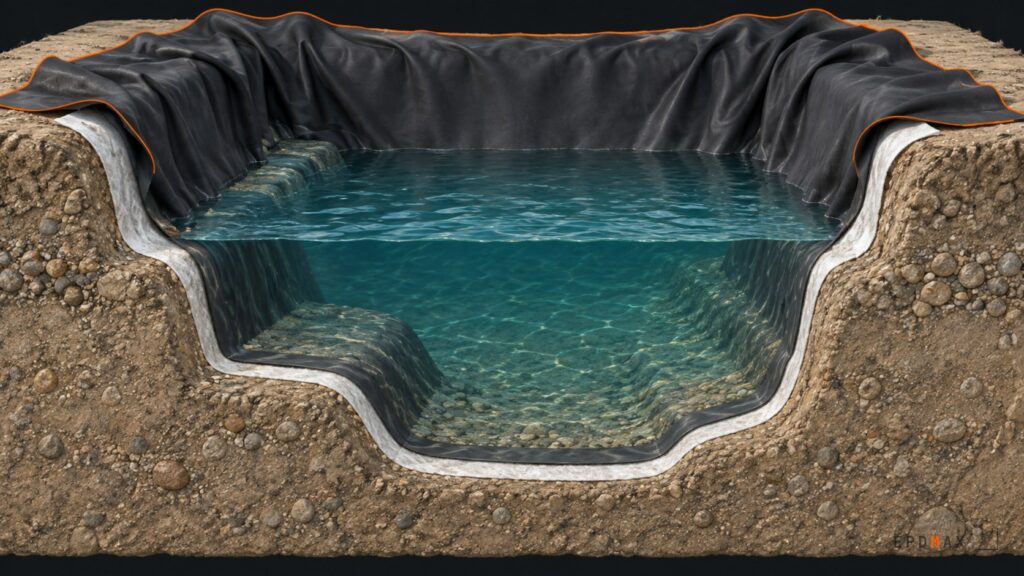 Poser une bâche EPDM dans un bassin : angles, plis, lestage, mise en eau