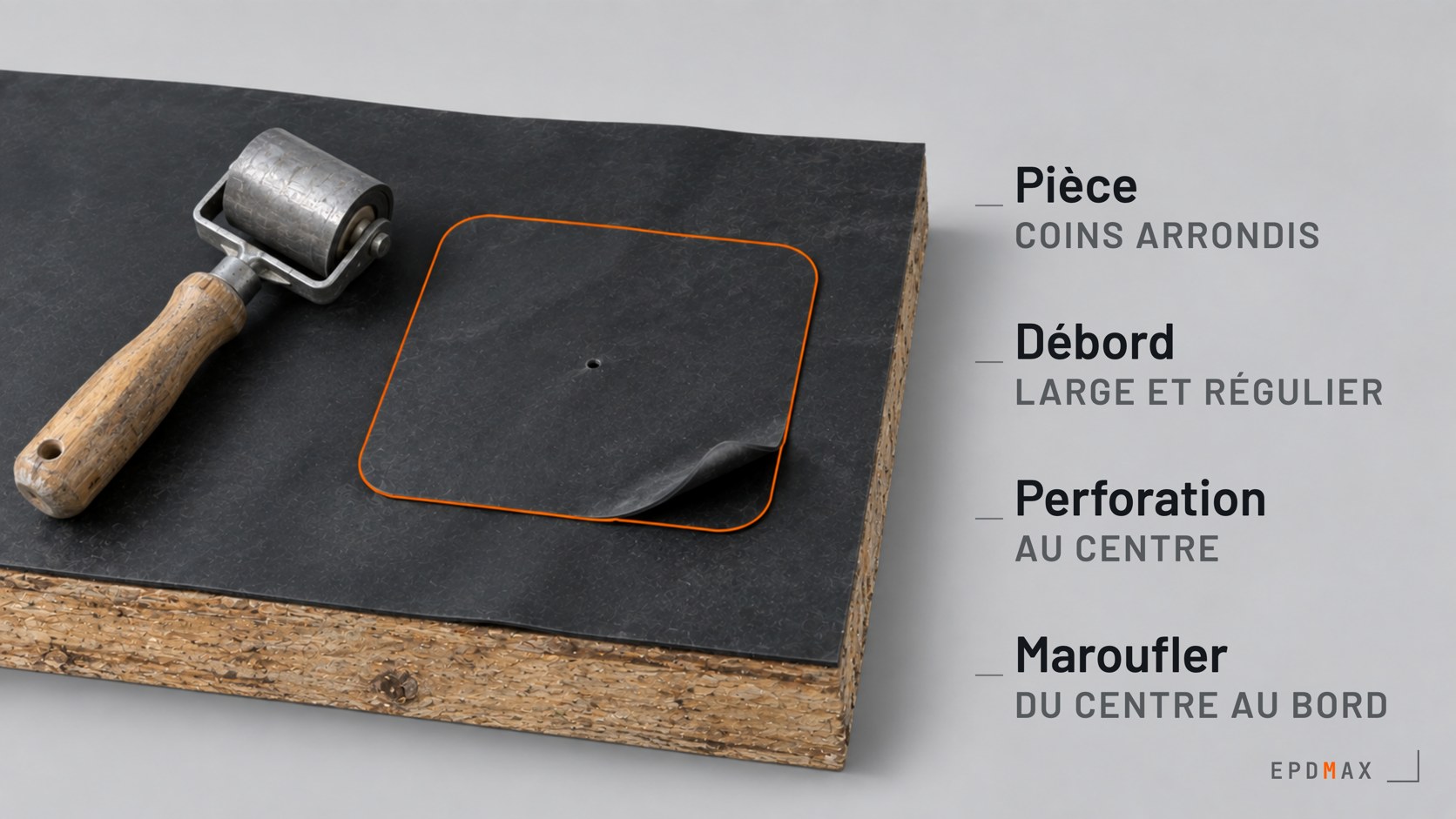 Pièce de réparation carrée à coins arrondis posée sur une membrane EPDM perforée, rouleau à maroufler à côté