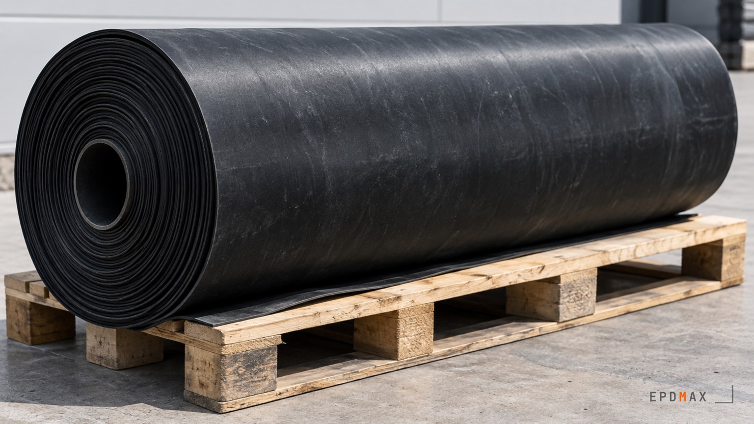 Rouleau de membrane EPDM noire sur une palette, sans marque ni étiquette