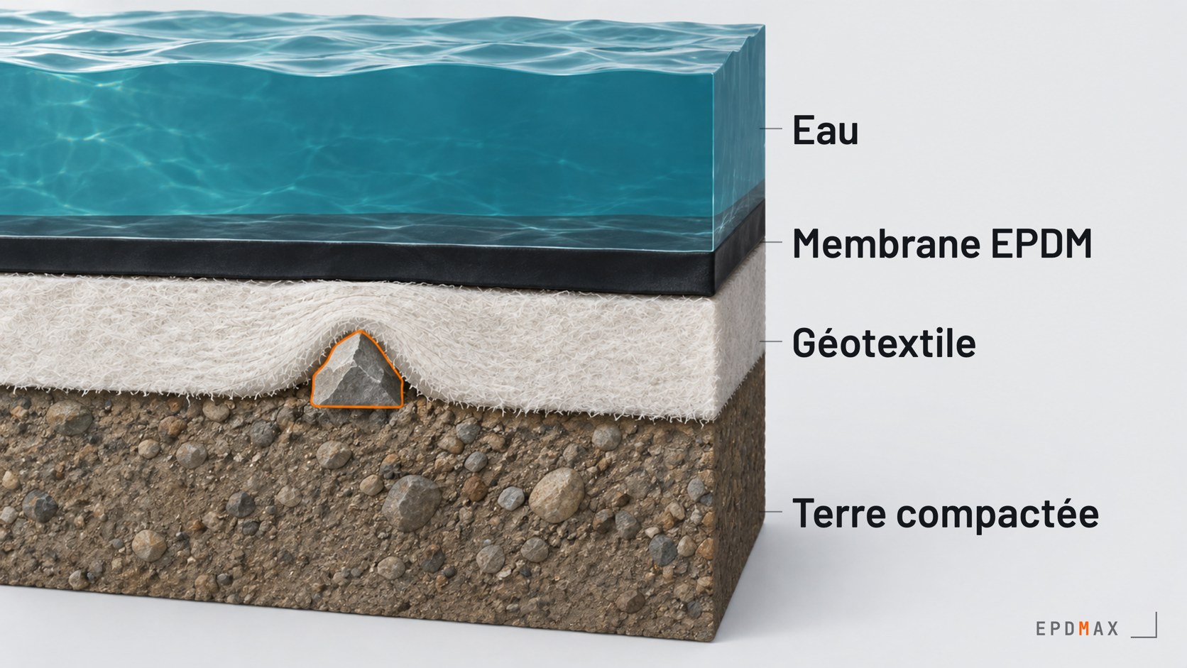 Coupe du fond d’un bassin : terre compactée, géotextile, membrane EPDM et eau, avec un caillou arrêté dans le feutre